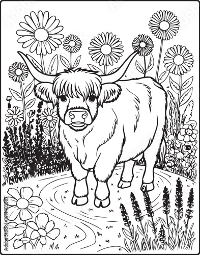 Beautiful highland cow in natural flower garden scene black outline silhouette vector for coloring page or book design kids 

