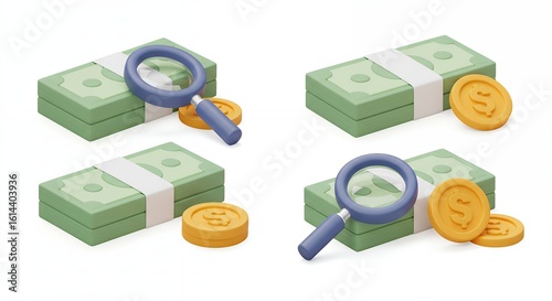 Money stacks with magnifying glass and coins illustration