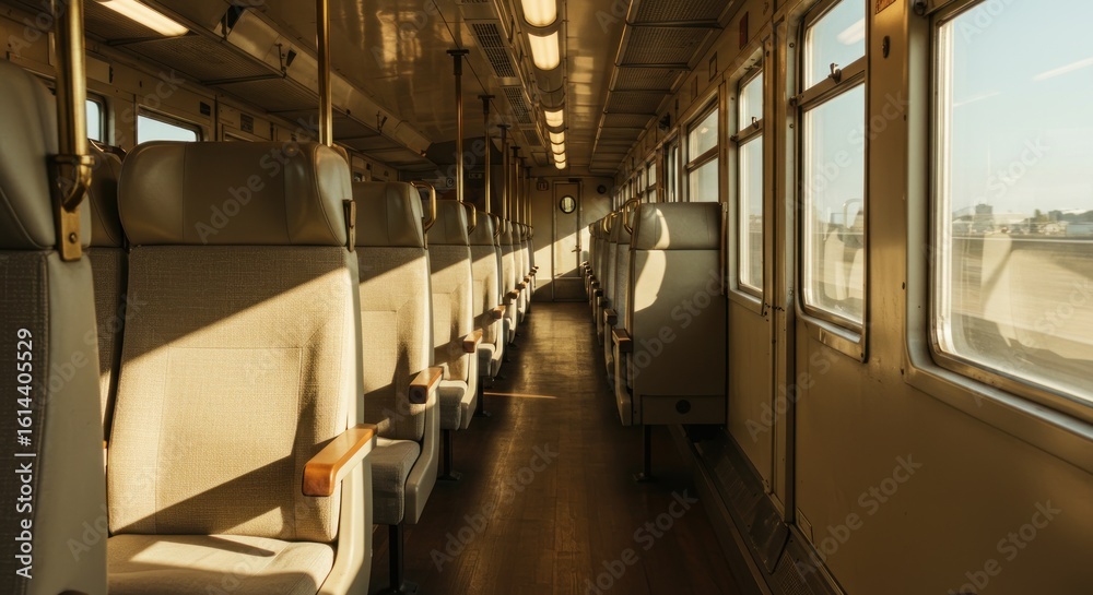 Obraz premium Train interior with light streaming through windows onto beige seats and wooden floor