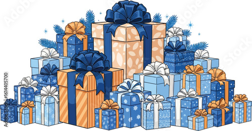 Festive pile of blue and orange gift boxes with bows, perfect for holidays