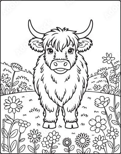Beautiful highland cow in natural field scene black outline silhouette vector for coloring page or book design kids 
