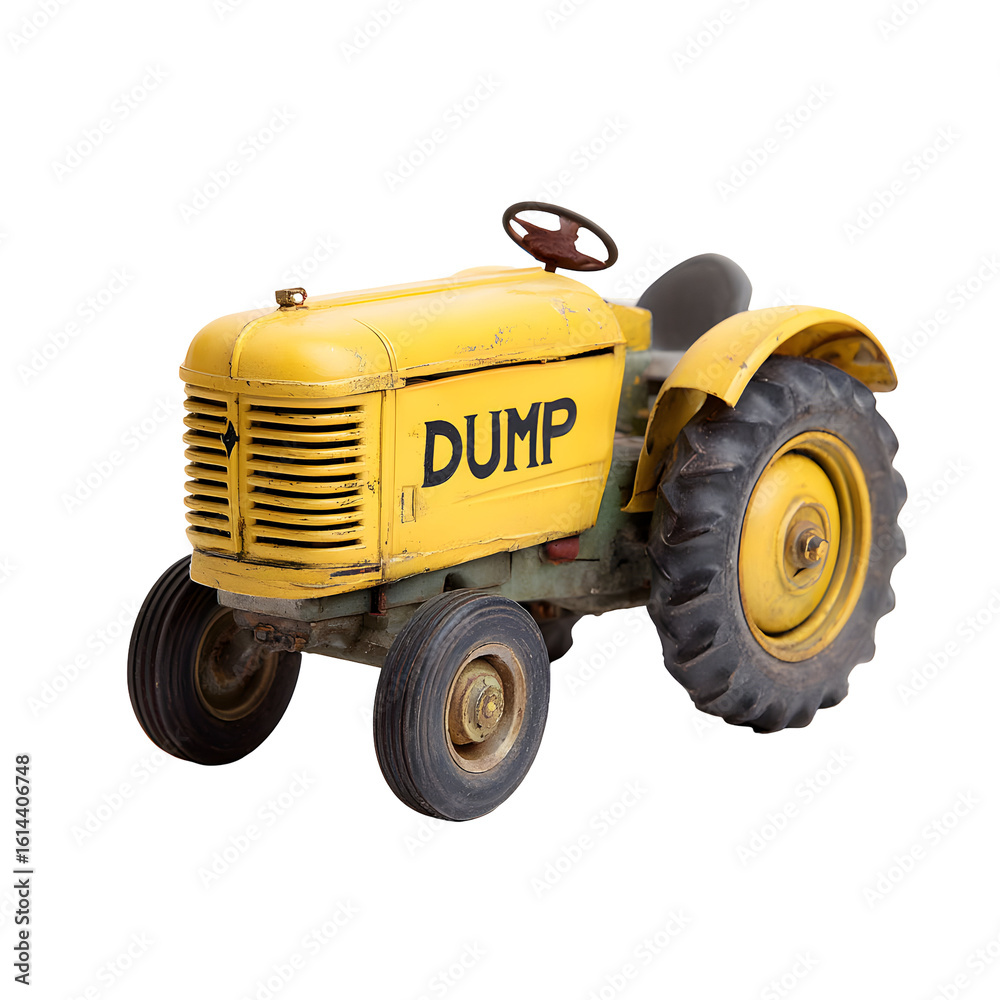 Obraz premium Nostalgic charm: A vintage yellow dump tractor toy on a dark background