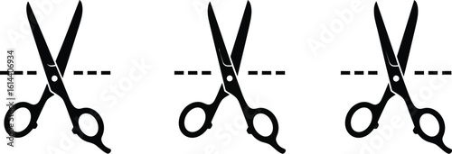 Three black scissor icons cutting along a dotted line on white background