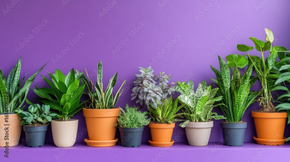 Fototapeta premium Indoor jungle vibes with a dramatic purple wall behind the plant collection