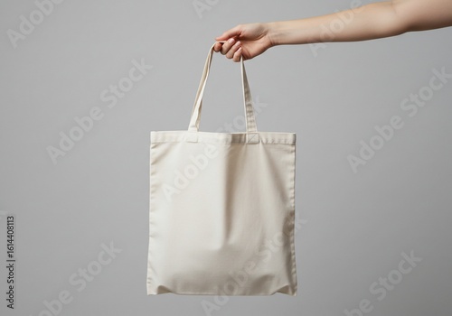 Cream-colored tote bag held by a hand against a plain gray background.