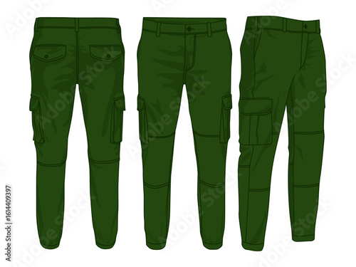 Cargo pants design flat sketch vector illustration front and back view. green color