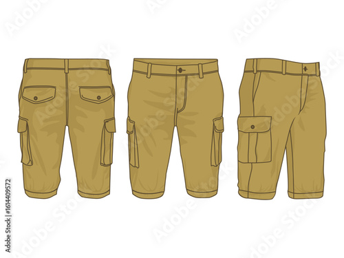 Cargo short pants design flat sketch vector illustration front and back view. Khaki color