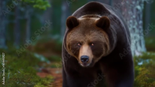 Brown Bear Walking Through Forest With Green Undergrowth Focused On The Face