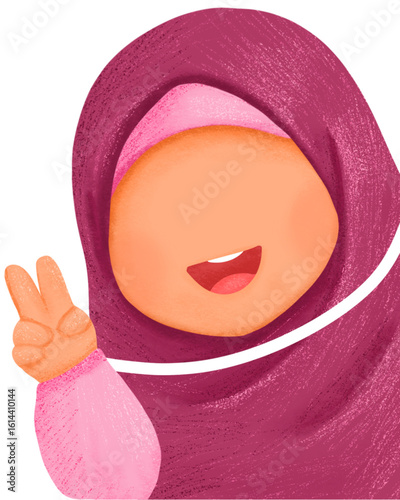 Illustration of a Muslim girl making a peace sign