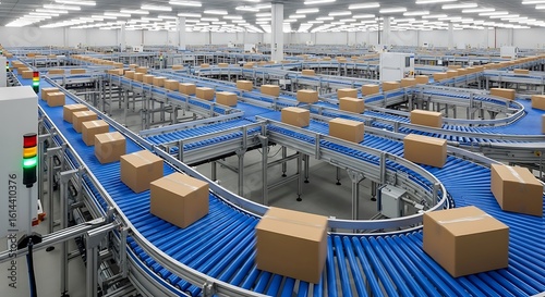 Automated warehouse with numerous packages moving along a complex network of conveyor belts.