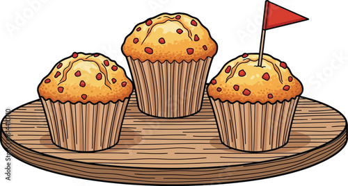 Three muffins on a wooden plate with one muffin having a small red flag