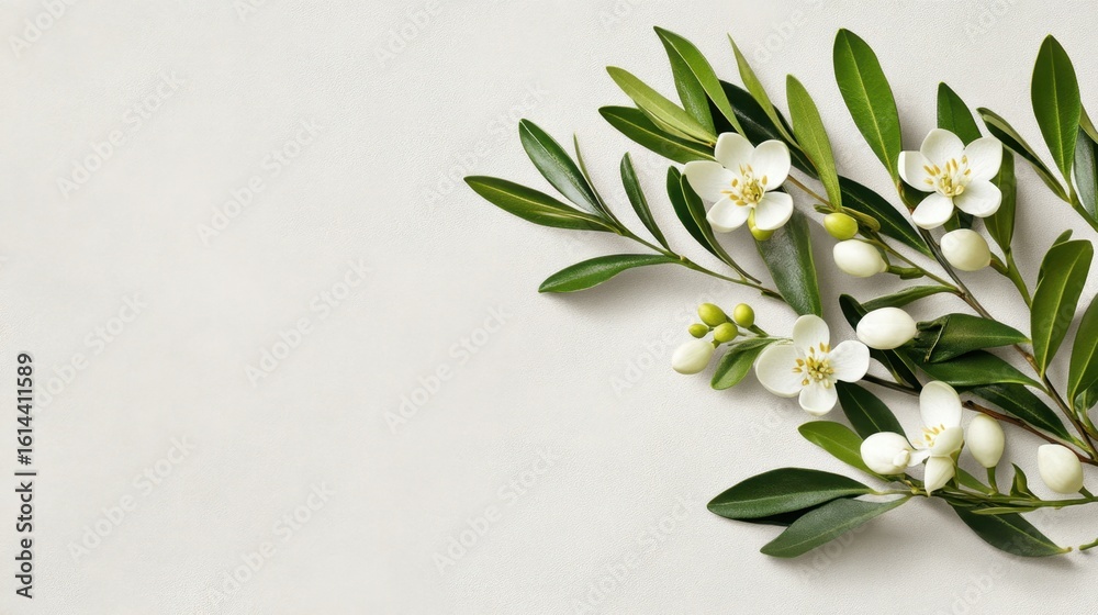 Fototapeta premium Olive leaves entwined with delicate white flowers, forming a graceful floral design