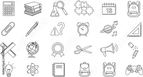 Collection of outline school supplies and education related icons design