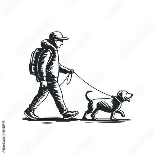 Dog owner walking pet in casual outdoor setting during daytime