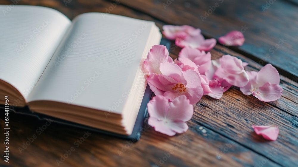 Open journal filled with pastel blooms, petals gently scattered on a wooden surface Open journal filled with pastel blooms, petals gently scattered on a wooden surface