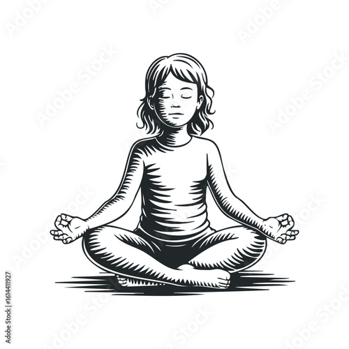 Meditating child sitting cross legged in peaceful environment