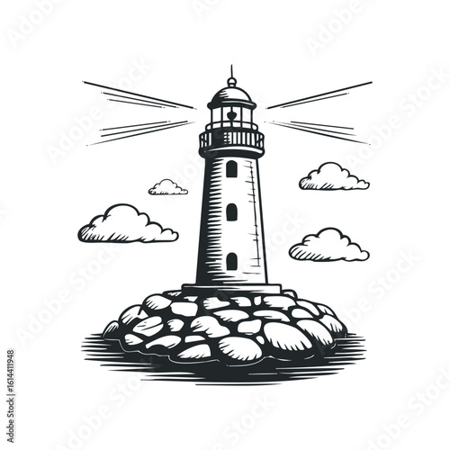 Hand drawn vector of a lighthouse on rocky shore with clouds