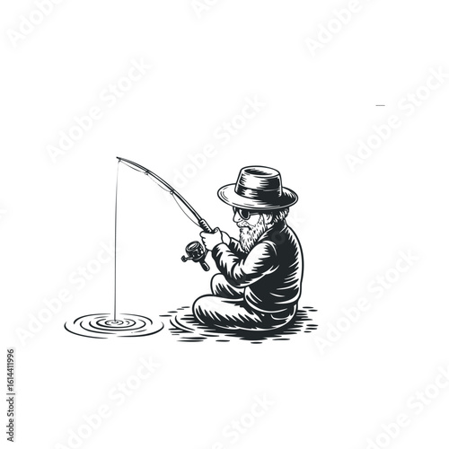 Hand drawn vector illustration of a man fishing by the water