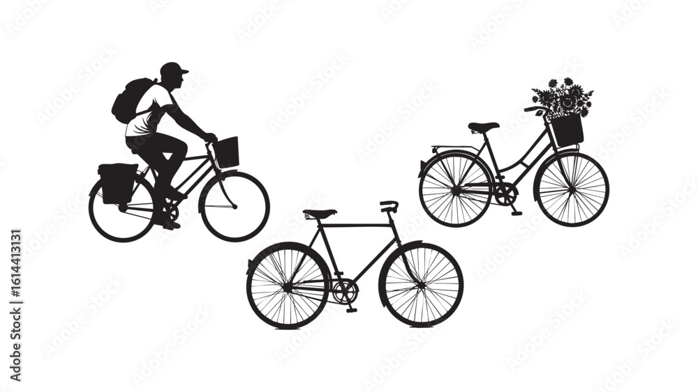 Obraz premium Silhouette of cyclists riding bicycles in motion, minimal black design
