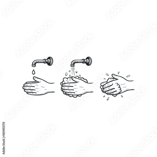 Hand drawn vector illustration of handwashing steps in a clear process