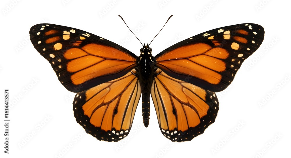 Fototapeta premium Stunning monarch butterfly with vibrant orange wings and delicate black markings showcases nature's intricate beauty and metamorphosis