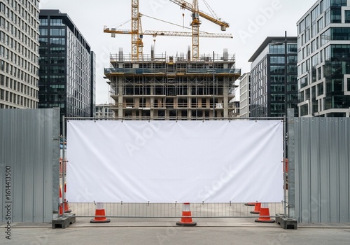 Construction Site with Blank Banner Cranes and Modern City Buildings.