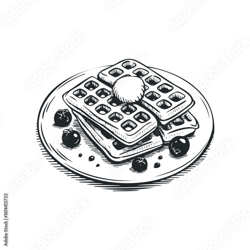 Hand drawn vector illustration of waffles with berries and egg
