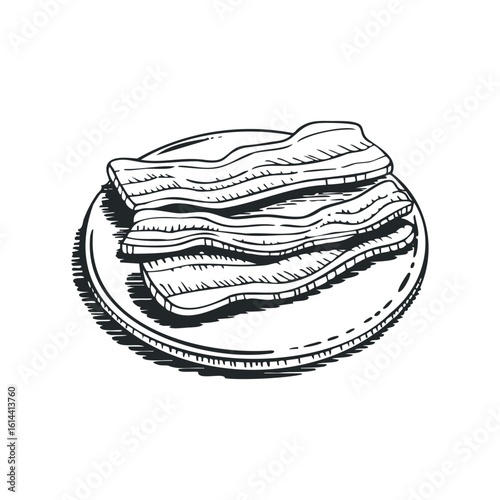 Hand drawn vector illustration of crispy bacon on a plate