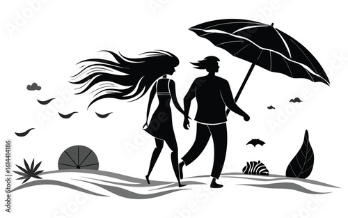 Silhouette Couple Walking on Beach, Windswept Hair, Umbrella, Romantic, Minimalist, Black and White Illustration