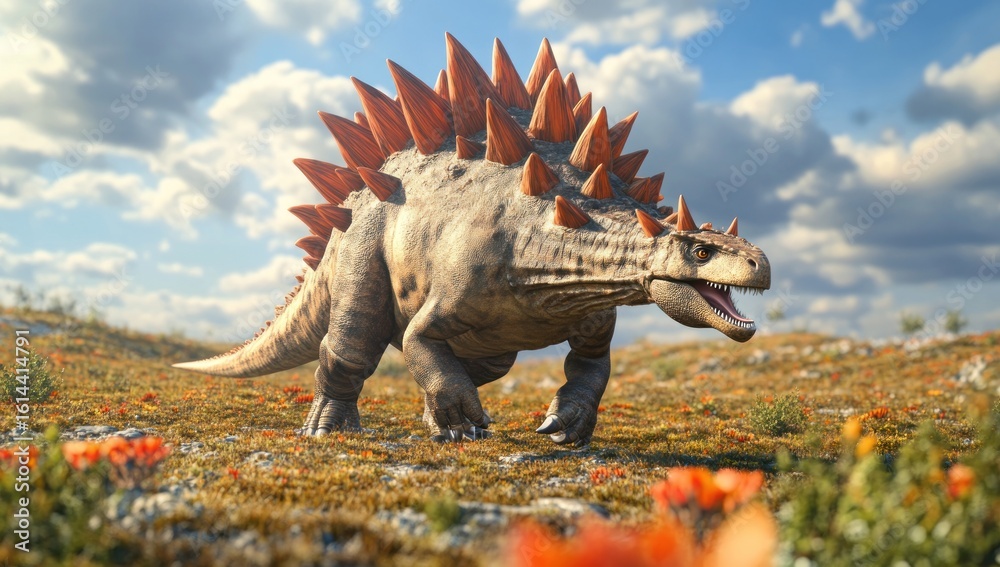 Fototapeta premium Ankylosaurus in Prehistoric Landscape: A Digital Rendering of a Mighty Dinosaur