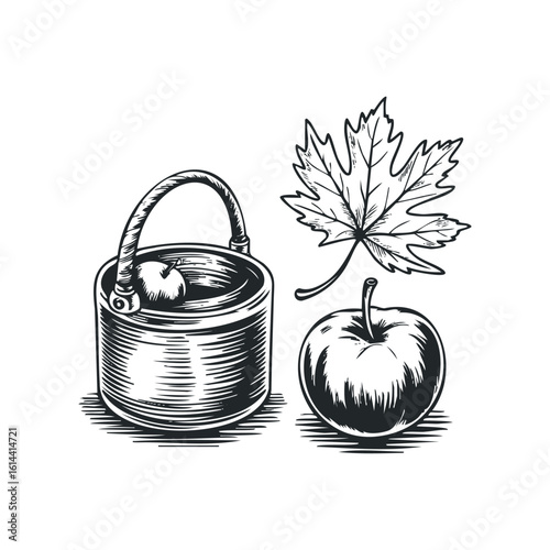 Hand drawn vector illustration of apples and a basket in autumn