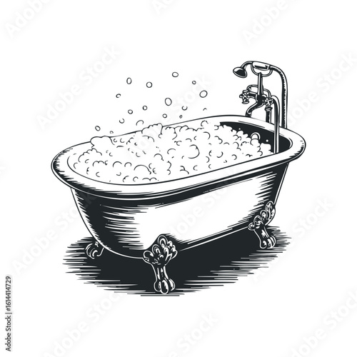 Hand drawn vector illustration of a vintage bathtub with bubbles