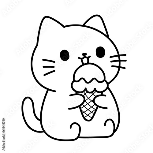 Vector illustration of a cartoon sketch of a cat eating a scoop of ice cream, suitable as an icon or logo, also use as sticker and for colouring book.