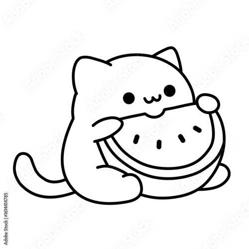 Vector illustration of a cartoon sketch of a cat eating a watermelon, suitable as an icon or logo, also use as sticker and for colouring book.
