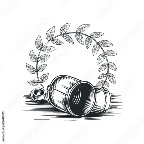 Hand drawn vector illustration of spilled cups with leaves