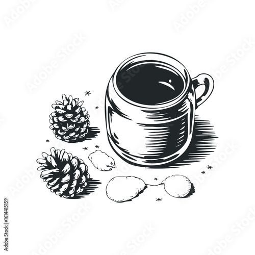 Hand drawn illustration of a mug with pinecones and spices