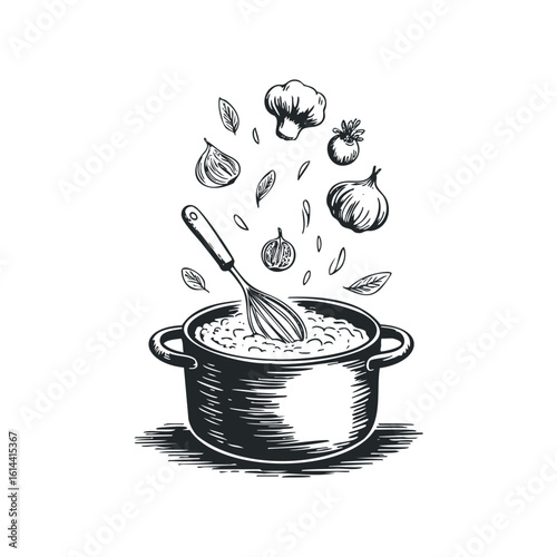 Hand drawn vector illustration of ingredients in a cooking pot