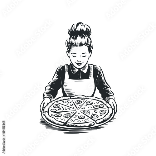 Hand drawn vector illustration of a woman holding a pizza