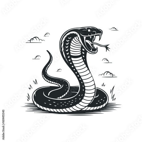Intricate hand drawn vector illustration of a fierce cobra