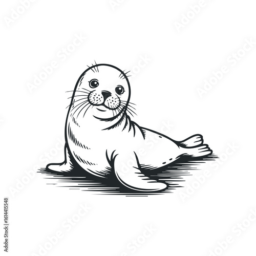 Hand drawn seal illustration relaxing on a beach shore
