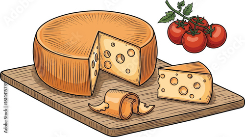 Illustration of cheese wheel with slice and tomatoes on cutting board