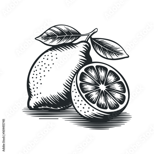 Hand drawn vector illustration of fresh lemons with leaves
