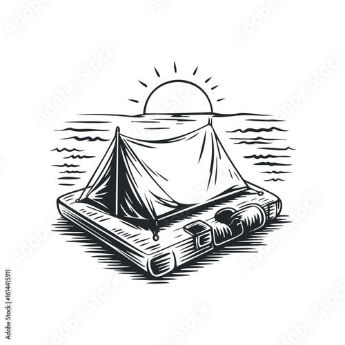 Hand drawn vector illustration of a tent on a raft at sunset