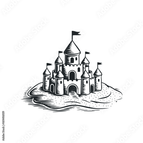 Creative hand drawn vector illustration of a sand castle by the beach