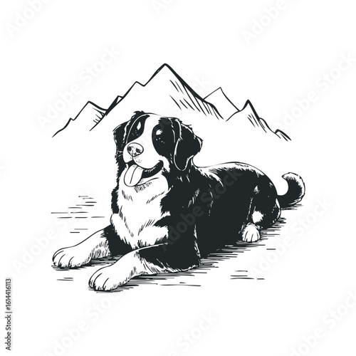 Happy dog resting in front of mountain landscape in vector style