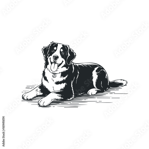 Hand drawn vector illustration of a playful dog resting indoors