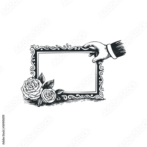 Hand drawn vector illustration of a hand holding a decorative frame