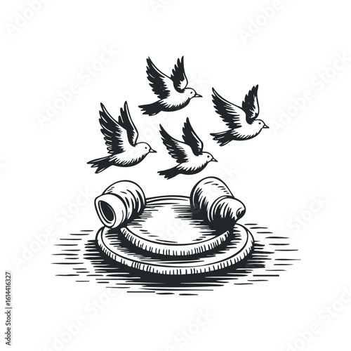 Hand drawn vector illustration of birds flying near a bowl