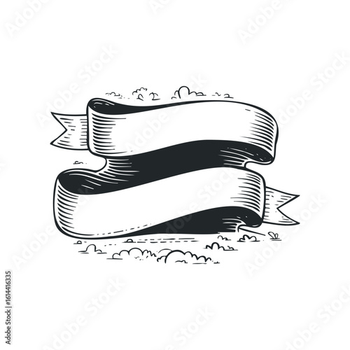 Hand drawn vector illustration of a decorative ribbon and clouds