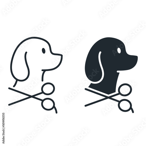 Pet grooming icon set. Vector isolated illustration.Dog with scissors emblem